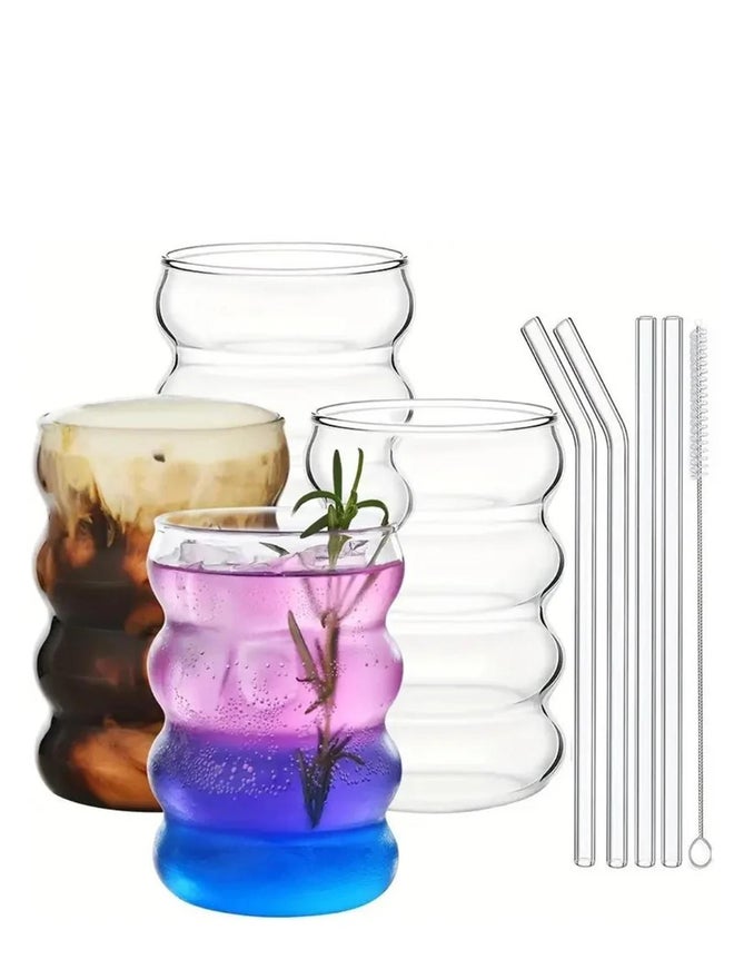 1CHASE Set of 4 - Ripple Shaped Drinking Glasses with Straws 330ml - Image 1